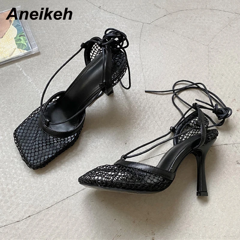 Aneikeh 2024 Stiletto Heels Mesh Fashion Sandals Square Toe Cross-Tied Shallow Concise Party Rome Solid Summer Shoes For Women