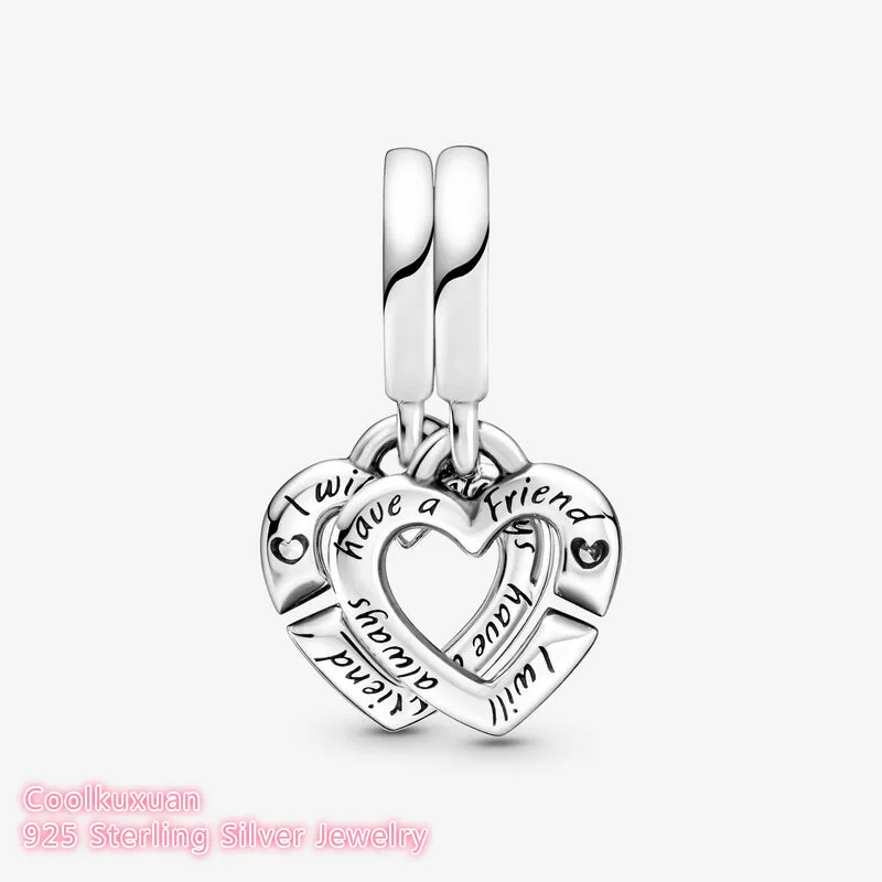 Original 925 Sterling Silver Linked Sister Hearts Split Dangle Charm beads Fits Pandora bracelets Jewelry Making Autumn