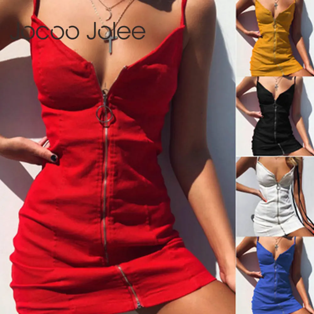 Jocoo Jolee Elegant Strap Zipper Bodycon Dress Sexy Sleeveless V Neck Slim Mini Dress Summer Office Lady Skinny Party Club Dress