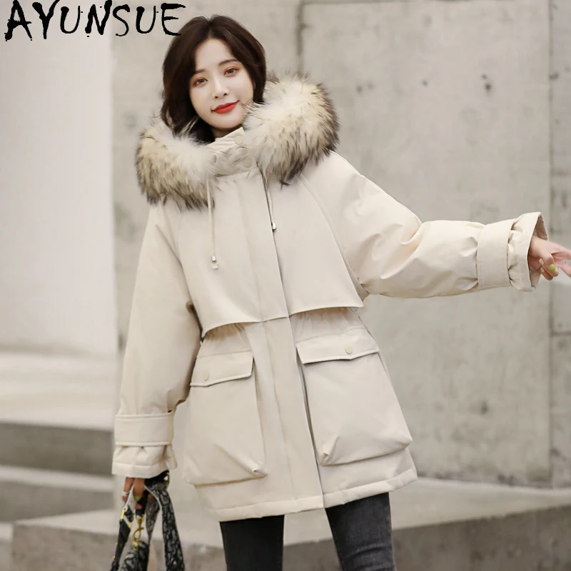 AYUNSUE Women\'s Jacket Winter 2020 Real Raccoon Dog Fur Collar Hooded Jackets Female White Duck Down Coats Long Parkas Casaco