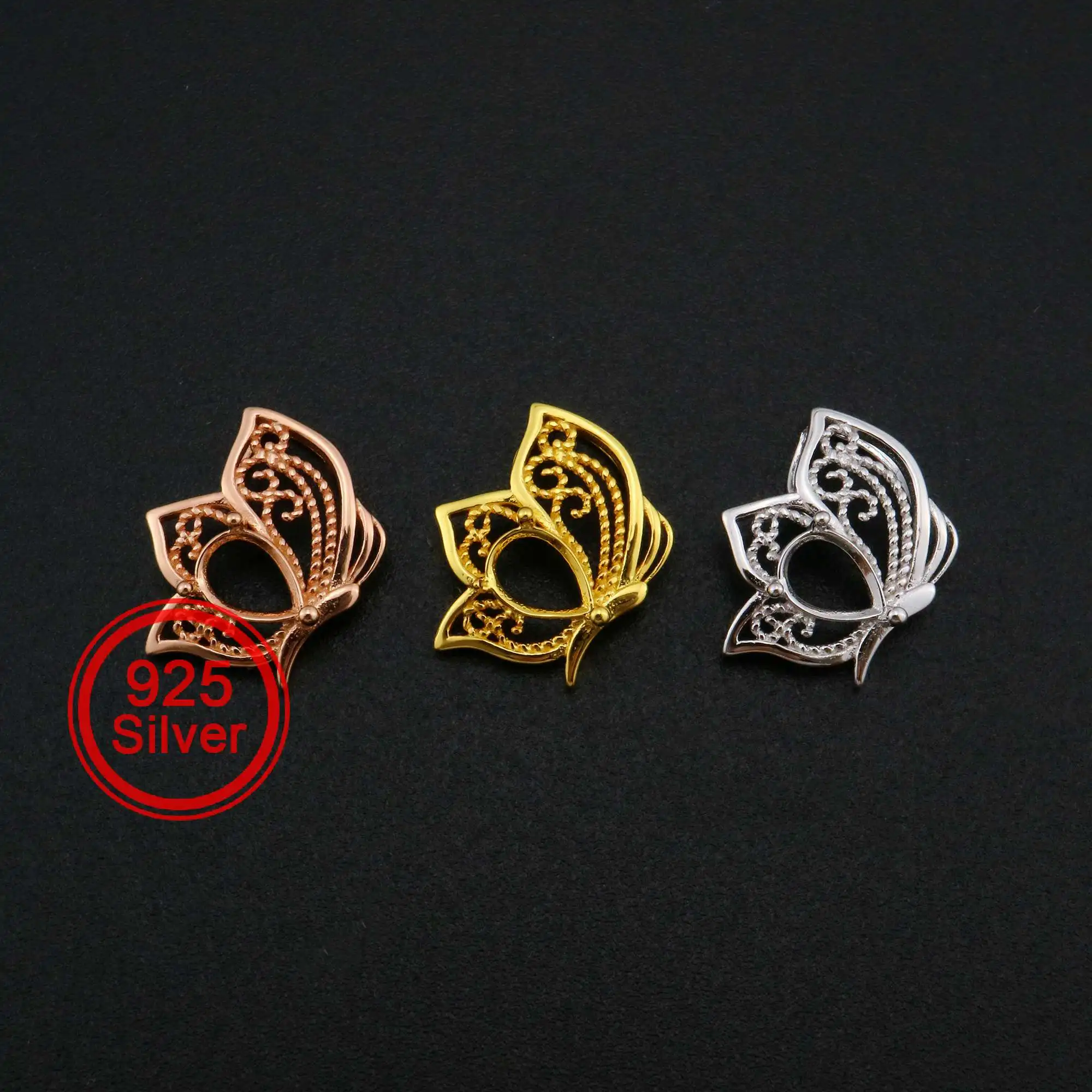 

5x7MM Pear Prong Settings Butterfly Pendant Rose Gold Plated Solid 925 Sterling Silver Charm Bezel for Gemstone 1431085