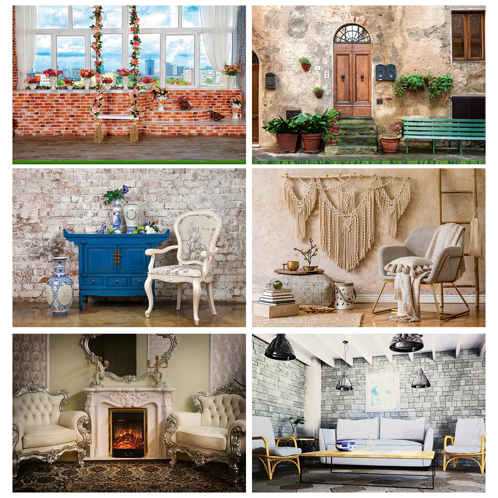 

Laeacco Rural Old Furniture Desk Vase Chair Gray Brick Wall Room Interior Child Photo Background Photography Backdrop Photocall