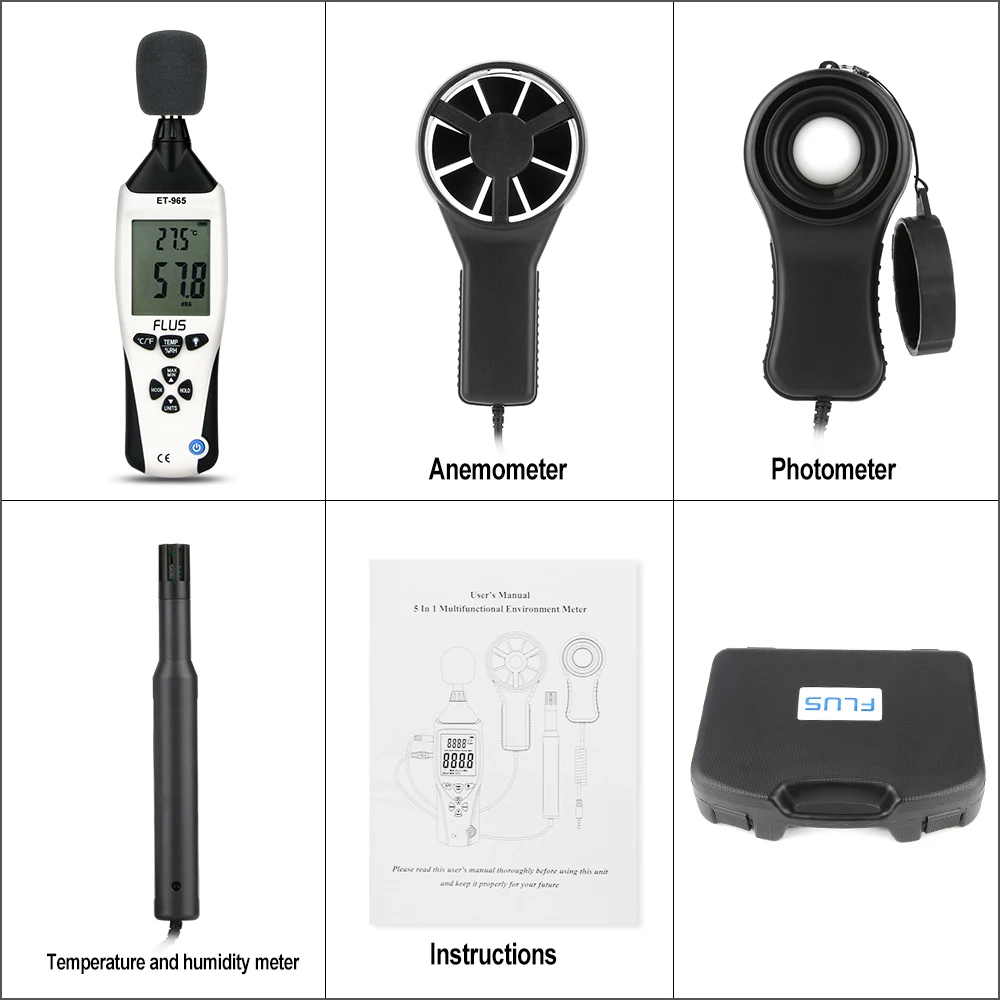 FLUS Digital 5 IN 1 Environment Meter Portable Professional Anemometer Thermometer Humidity Sound Level Meter Ligth Meter