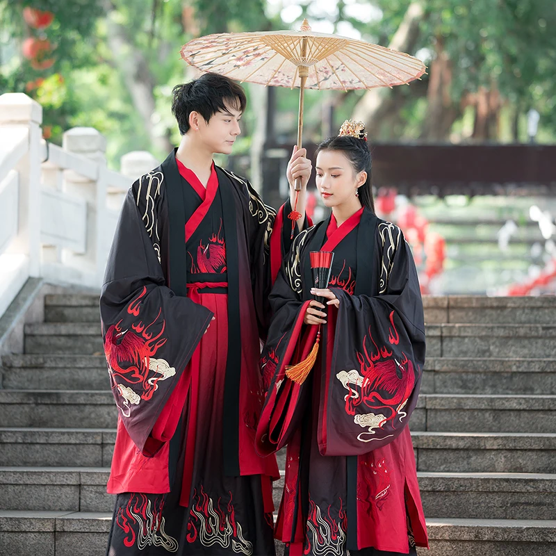 Chinese Dress Black Gradual Change Hanfu China Style Ancient Embroidery Couple Folk Dance Cosplay Costumes Kimono Coat Dresses