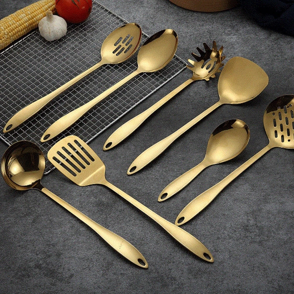 

Golden Stainless Steel Cookware Set Long Handle Shovel Tube Soup Spoon Pasta Slotted Spoon Egg Beater Shovel Cooking Utensils