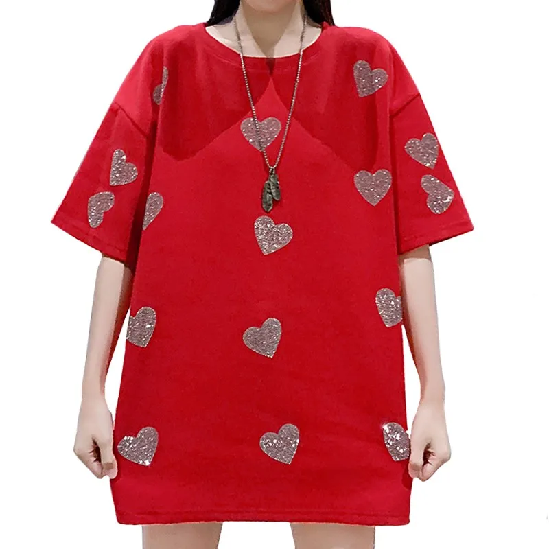 

ZuoLunOuBa Summer Light Luxury High Quality Women T Shirt Hot Diamond Love Heart Tees Long Loose Short Sleeve Tops Red Female