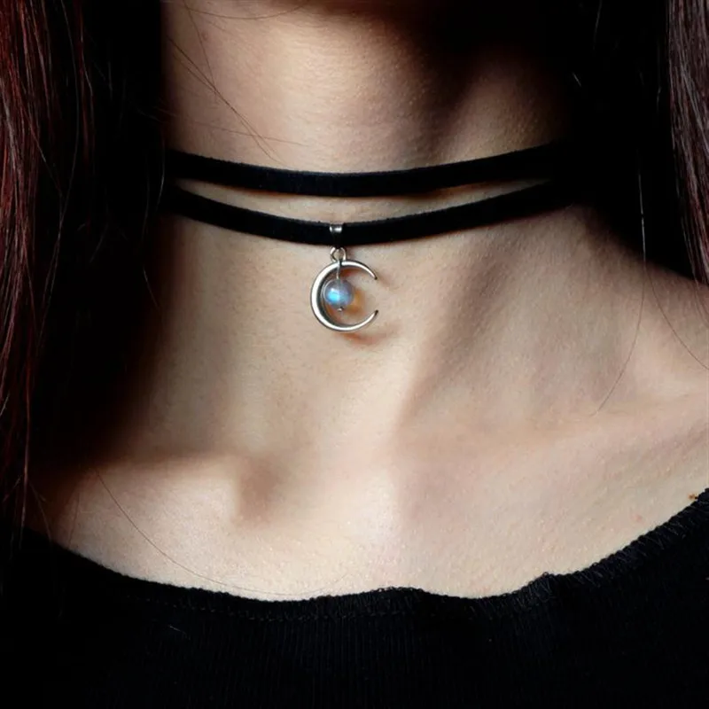 Celestial Necklace Crescent Pendant Choker Labradorite Inspired Statement Punk Jewelry Witchy Halfmoon Luna Women Fashion Gift