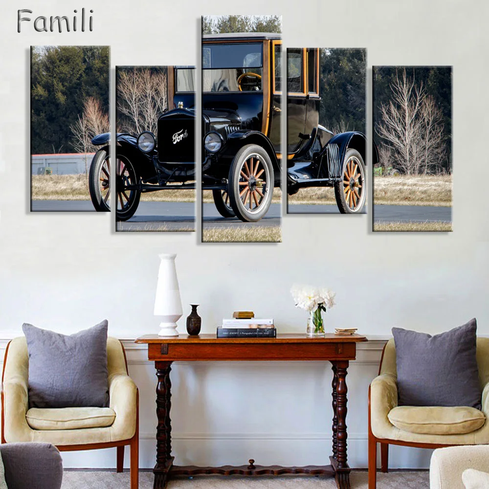 Modern Abstract Retro Car Canvas Painting 5 Pieces Pictures Wall Art Home Decor Landscape Painting For Living Room Framed