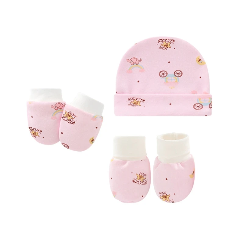 Guantes antiarañazos de dibujos animados para bebé, conjunto de cubierta de pie de sombrero, mitones de algodón, gorro, P31B
