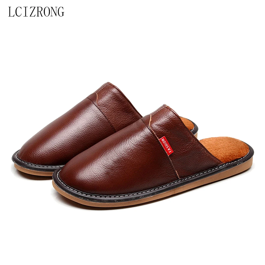 LCIZRONG Home Slippers for Women Plush Warm Woman/Men Sewing Genuine Leather Unisex Waterproof House Slippers Big Size 35-44