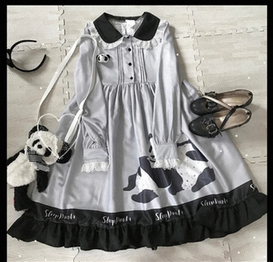 Kawaii สาว Gothic Op Loli Ruffle คอสเพลย์ชุดเจ้าหญิง Tea Party พัฟแขนเอวสูง Peter Pan COLLAR พิมพ์ชุด