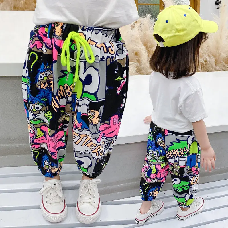 Children's pants girls summer mosquito pants women's cotton casual pants 2022 new boys online celebrity graffiti pants kids clot