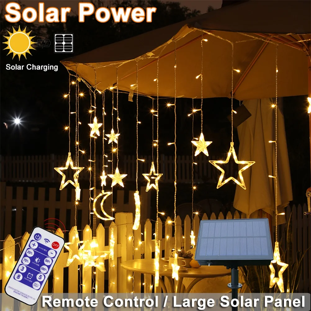 Imagem -03 - Solar Powered Estrela Lua Led Luzes da Corda à Prova Impermeável Água Jardim Fadas Cortina Luzes Modos Lâmpada Fio para Decoração de Natal Casamento