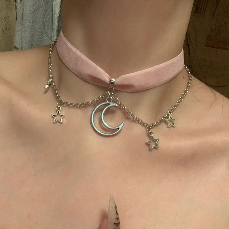 Black Velvet Crescent Moon Choker Wide Velvet Choker with Moon || Gothic Choker