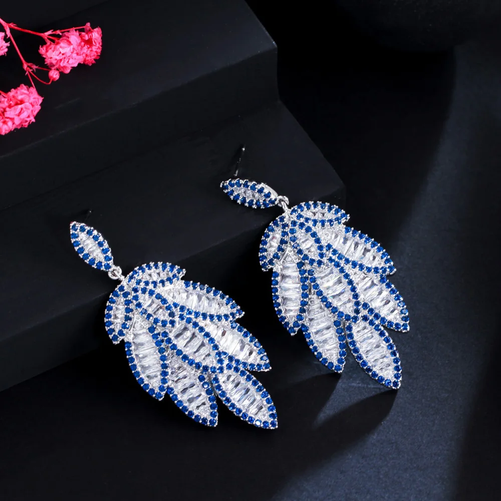 Pera Elegant Blue White CZ Crystal Long  Dangle Leaf Drop Earrings for Women Halloween Party Jewelry Gift Pendientes Mujer E825