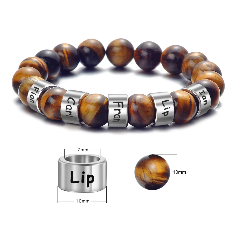 Women Men Stainless Steel Beads Stretch Rope Bracelet Bangles 10mm Custom Natural Tiger Eye Stone Engraved Name Date Symbol Gift