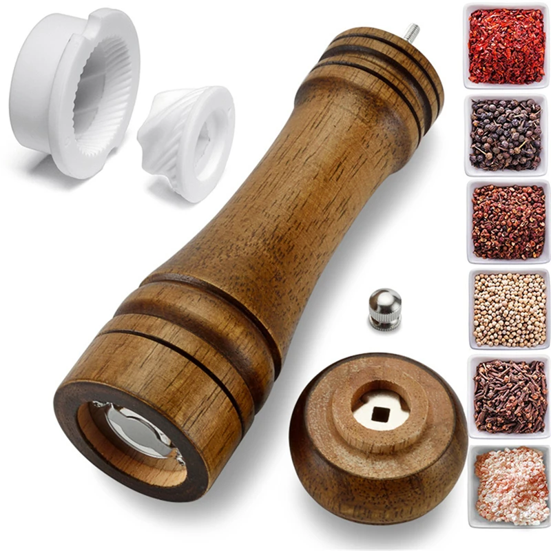 4PC 10inch Classical Oak Wood Pepper Spice Mill Grinder Set Handheld Seasoning Mills Grinder Ceramic Grinding Core BBQ Tools Set