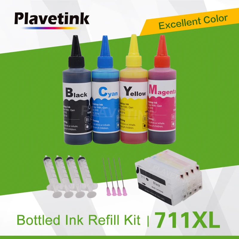 Plavetink 4 Color Dye Ink Refill Kits + Refill Cartridge For HP 711 XL Designjet T120 24 T120 610 T520 24 T520 36 Printer Ink