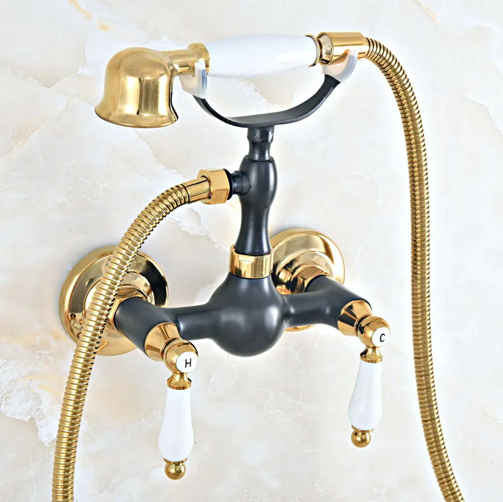 

Black Oil Rubbed & Polished Gold Brass Wall Mounted Bathtub Faucet with Handheld Shower Set +150CM Hose Mixer Tap 2na434