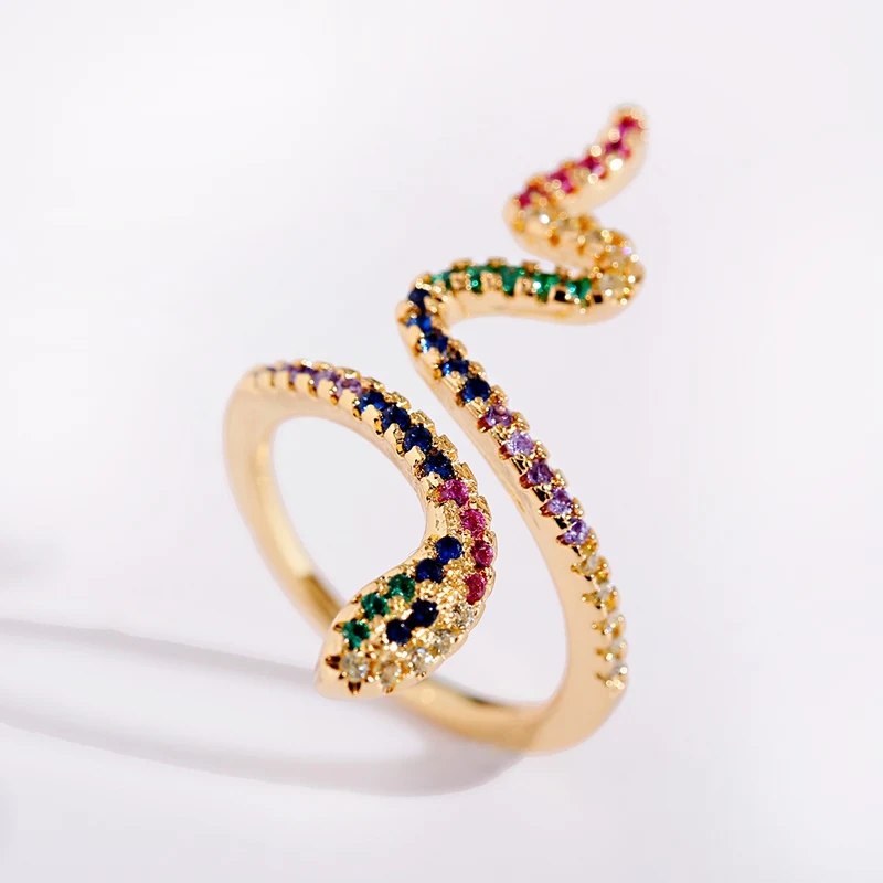 Anillo de serpiente abierto, anillo de serpiente arcoíris, pavé de oro, anillo de circonia cúbica AAA de arcoíris, joyería de oro para mujer, anillo de serpiente
