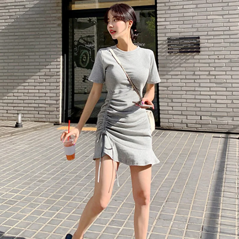 Sweet Women Drawstring Folds Ruffle Mermaid Dress O-Neck Short Sleeve T Shirt Dress Sexy Casual Slim Fit Pullover Short Dress