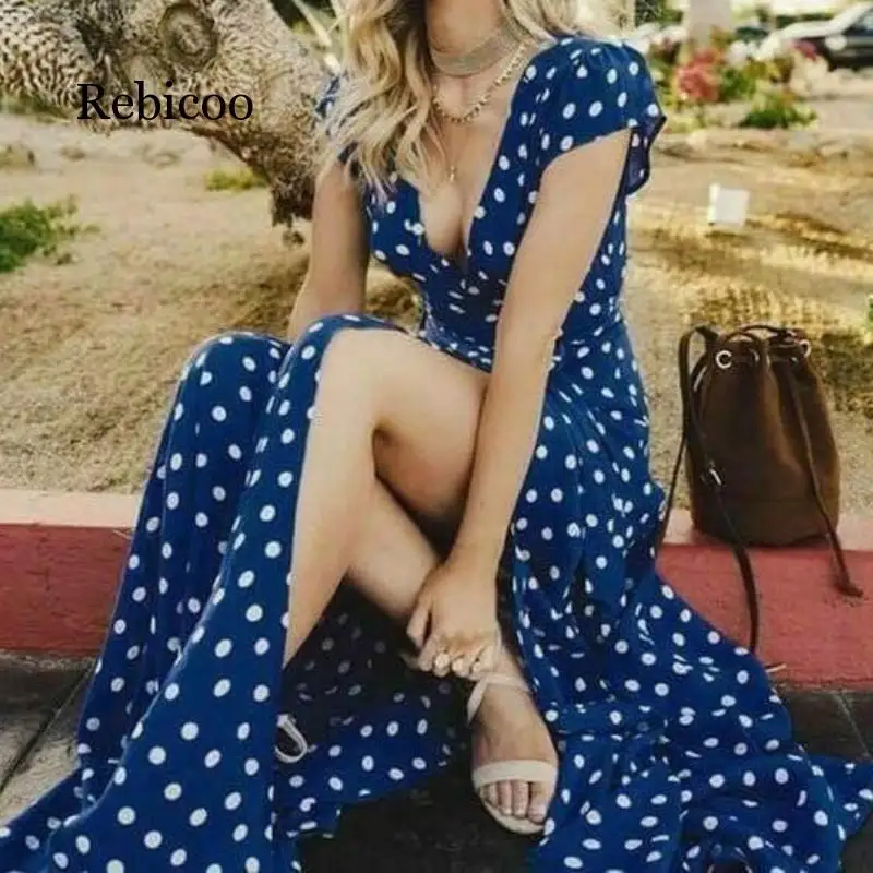 

Women Summer Beach Vintage Polka Dot Maxi Long Dress Ruffles Split Sexy Vacation Sundress Party Tea Dress Outwear V-Neck