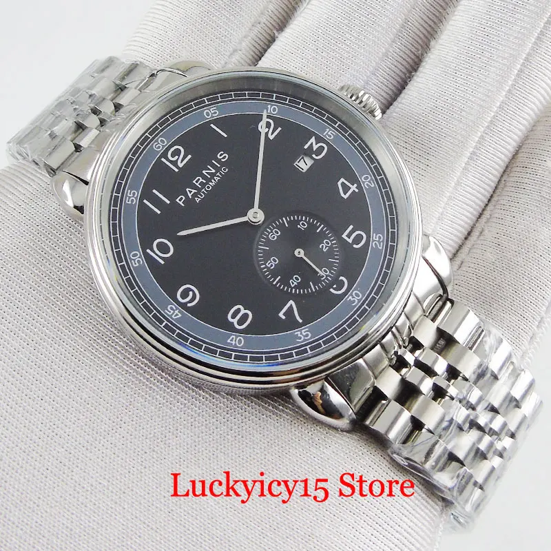 

PARNIS Automatic Men Watch 42mm Round SS Wristwatch Self Winding Movement Mental Bracelet Date Window