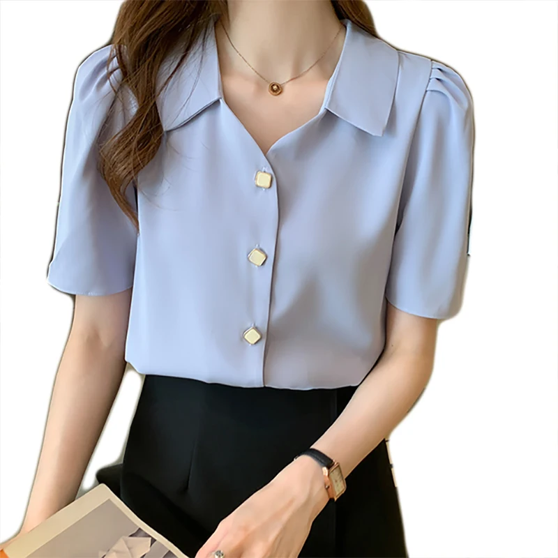 Casual Solid Female Shirts Tops 2021 Summer New Women Chiffon Short Sleeve Blouse Office Lady V-neck Button Loose Clothing S-XL