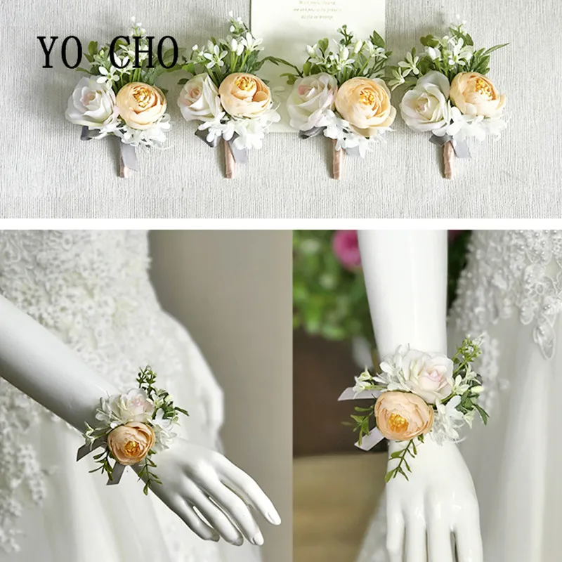 YO CHO Bridesmaid Corsage Flore Boutonniere Men Wedding Corsage Bracelet Boutonniere Flower Wedding Women Brooch Planner Corsage