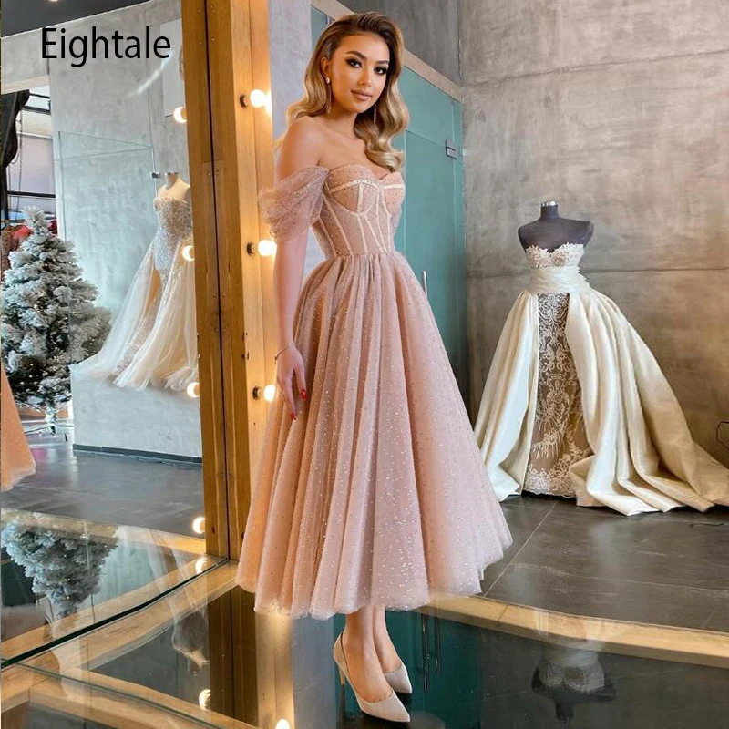 

Eightale Gliter Prom Dresses 2021 Off Shoulder Shiny Tulle Wedding Party Dress Arabic Tea Length Evening Gown 2021