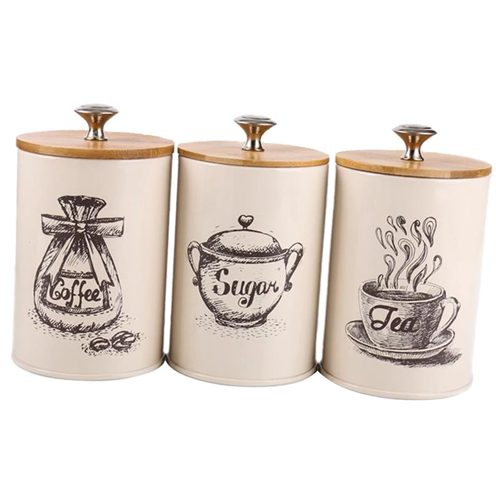 3pcs Retro 1L Kitchen Storage Jars Tea Coffee Sugar Canister Tins with Lid Metal Iron Home Organizer Candy Sealed Cans Box