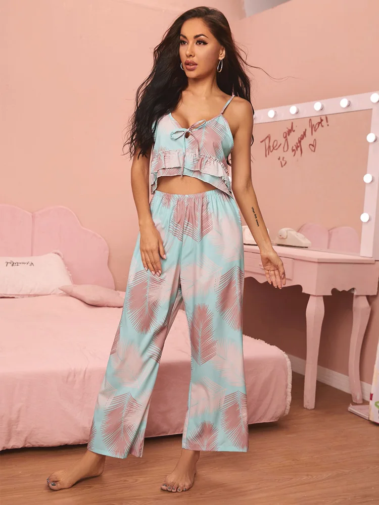 Tropical Print Pajamas Set Ruffle Hem Loungewear Satin Cami Top and Panty Tie Front Sleepwear Soft Home Suit