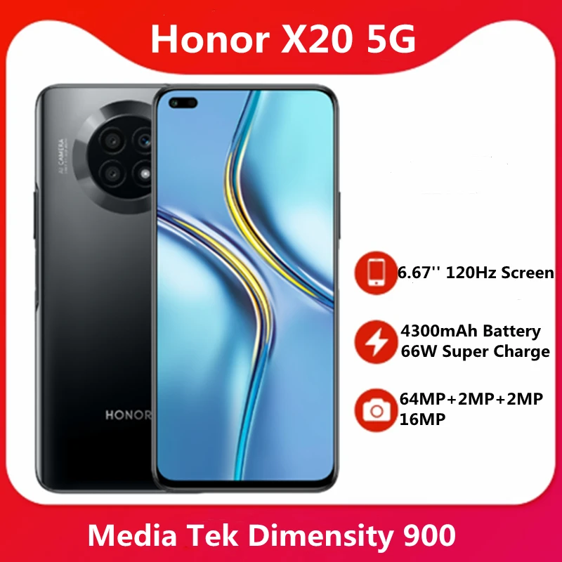 Original Honor X20 5G Smart Phone 6.67 Inch 2376x1080 120Hz LCD Screen 4300mAh Battery 66W Super Charge 6nm 64MP Main Camera 543,313.95SZ YKT StoreSee previewSimilar items