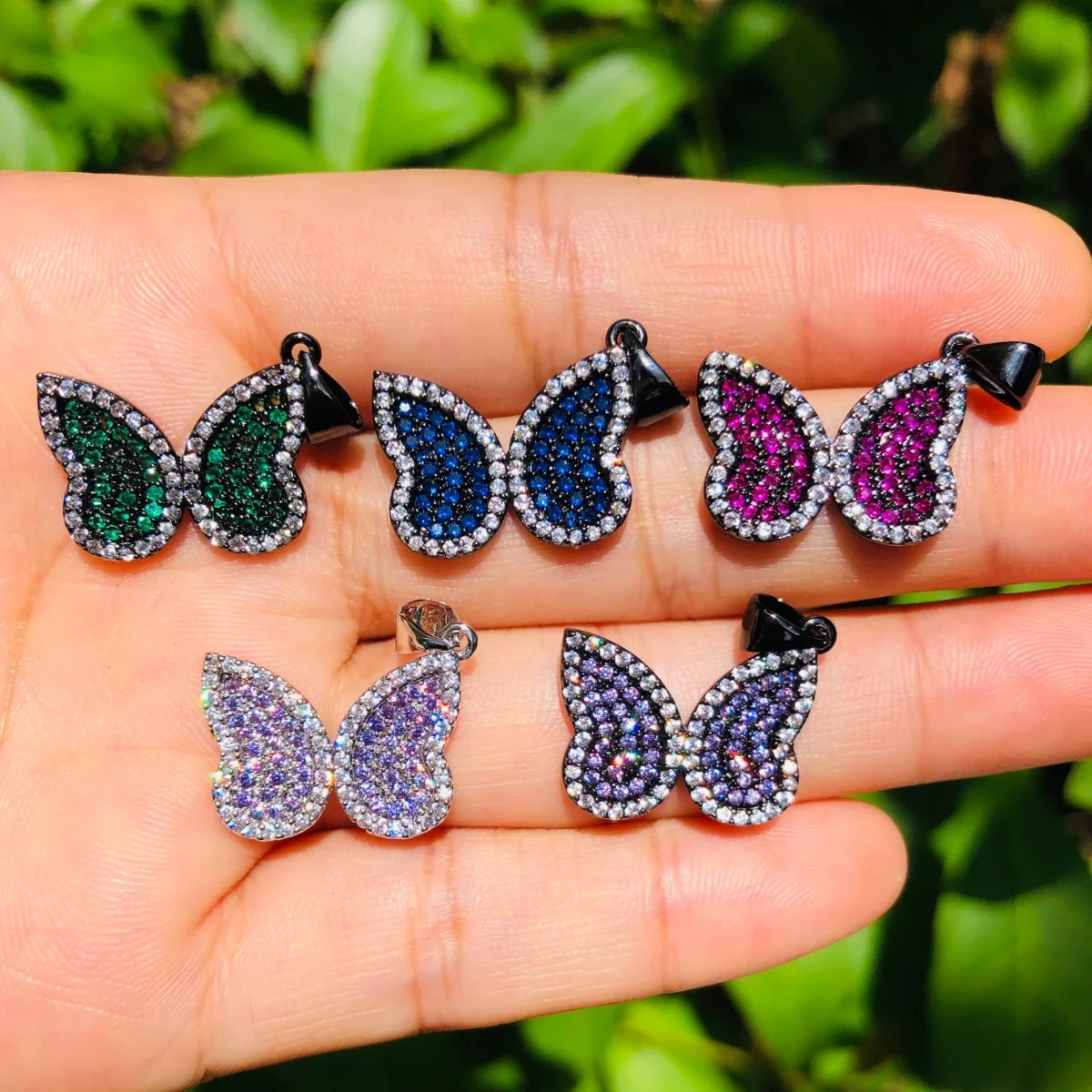 5pcs Butterfly Charm for Women Bracelet Making Blue Green Purple Fuchsia Rhinestone Paved Pendant Girl Necklace Making Accessory