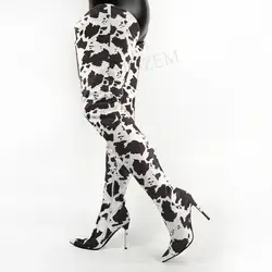 LAIGZEM Women Thigh High Boots Cow Print Faux Suede V Cut Heeled Boots Side Zip Party Unisex Shoes Woman Large Size 43 45 46 47