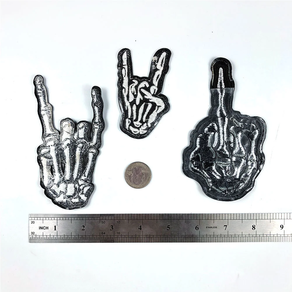 Fashion Punk style Evil finger white bone corna rock gesture patchesembroidery Locomotive leather coat Clothing accessories