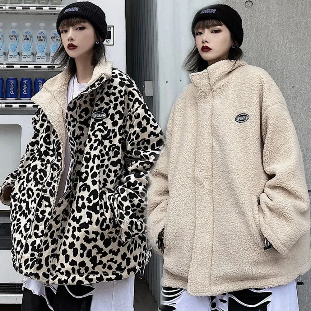 Leopard Print Women Faux Lamb Fur Japanese Style Kawaii Coat Teddy Fur Coat Parka Cropped Stripe Fleece Jacket Motorcycle Jacket