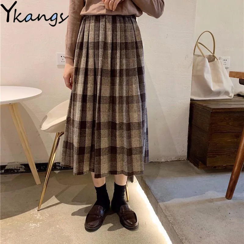 

High Waist Vintage Plaid Midi Skirts Women Winter Thicken Warm Pleated Skirts Harajuku Saia Mori Girl Cute Lolita Autumn Skirt