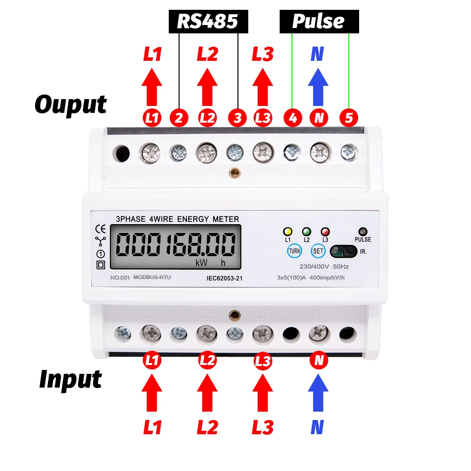 RS485 Din Rail Electric Three Phase Energy Meter Power Consumption kWh Voltage Current Wattmeter Monitor Modbus RTU 380V 400V