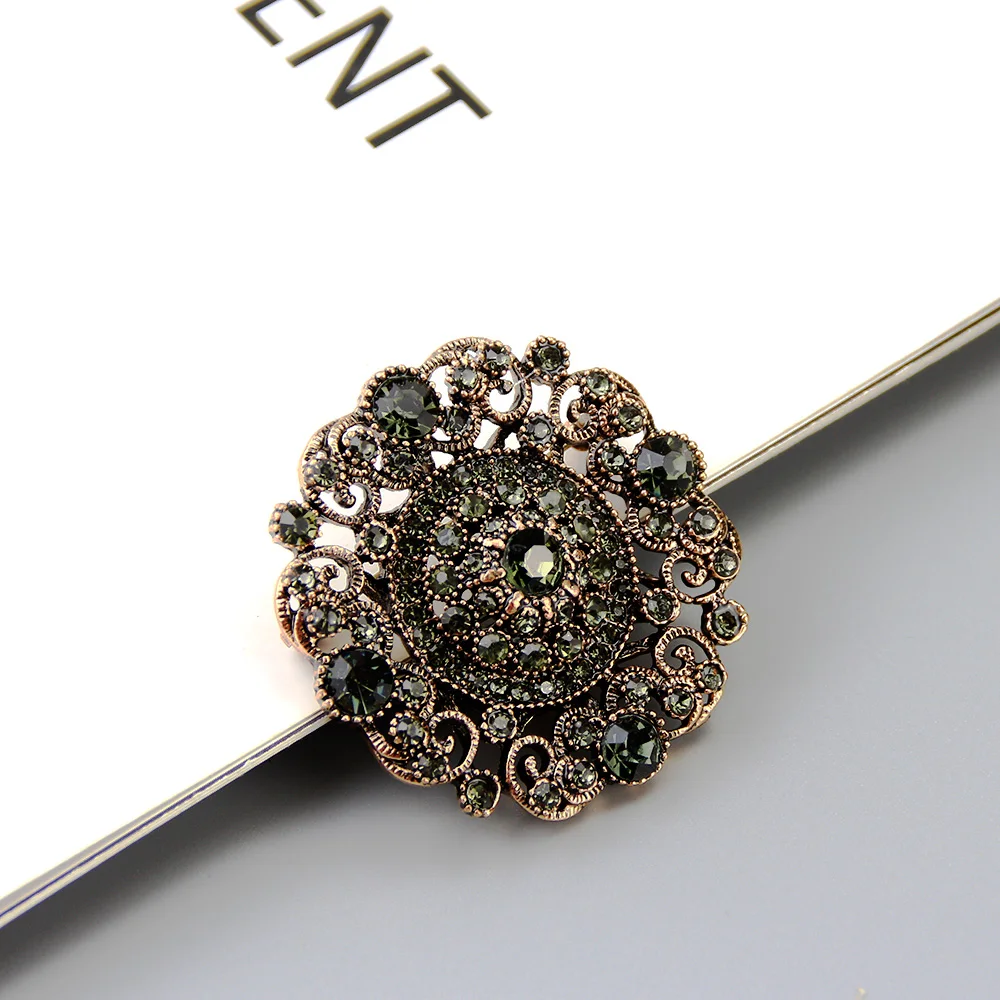 Sunspicems Turkish Gray Crystal Brooch for Women Retro Gold Color Round Flower Scarf Pins Bohemia Vintage Rhinestone Jewelry