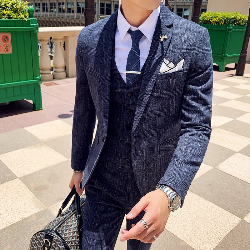 (Jackets + Vest + Pant) Men Groom Wedding Dress Plaid Formal Suits Set High Quality Men Fashion Casual Business Suit Three-piece