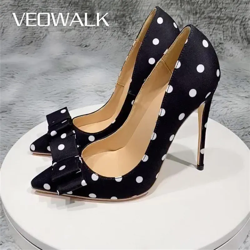 Veowalk Polka Dot Women Silk Satin Pointed Toe Stiletto High Heels Bow Knot Elegant Ladies Party Shoes 8cm 10cm 12cm Pumps Black