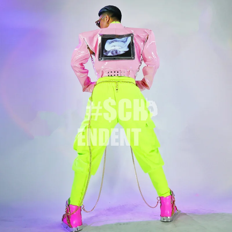 Nightclub Bar Gogo Stage Performance Costumes Pink Leather Chain Jacket Neon Green Pants For Male Singer Rave Outfits DWY6193