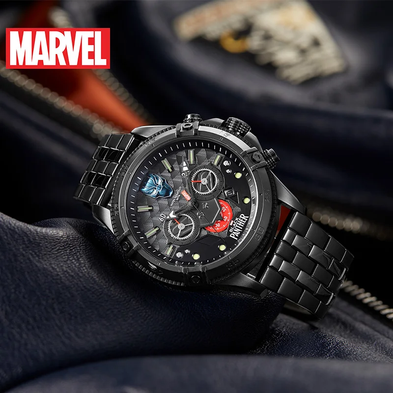 Imagem -03 - Disney Marvel Oficial Pantera Preta Masculino Quartzo Relógios de Pulso 50m à Prova Impermeável Água de Aço Inoxidável Montre Homme Exército Múltiplo Fuso Horário