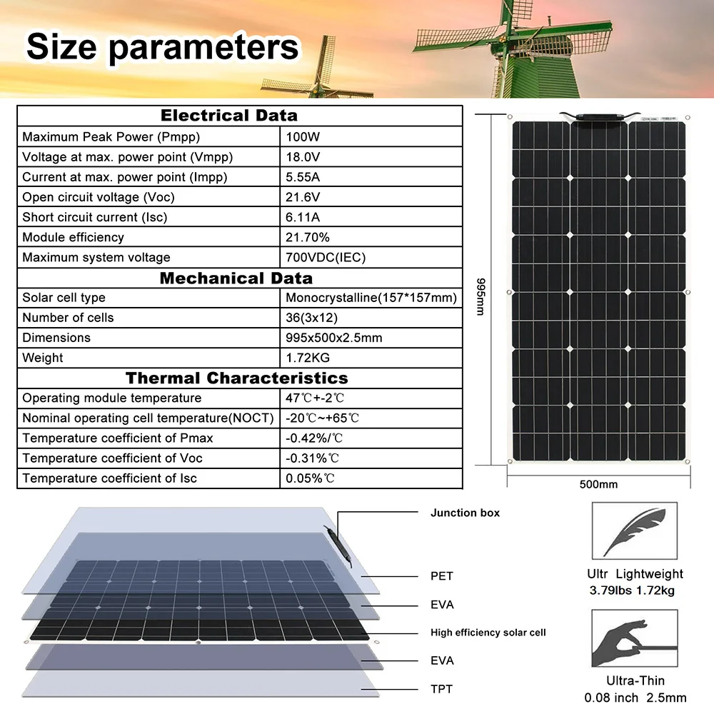 Panel słoneczny 500w 12v elastyczne ogniwo monokrystaliczne 100w 200w 300w 400w System wyłączony z sieci RV Marine