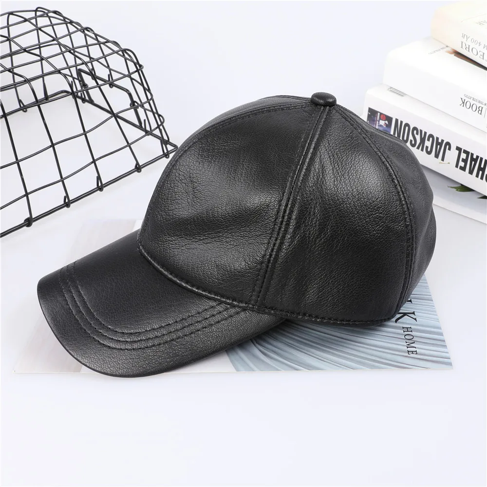 Genuine Leather Baseball Cap Men Black Cowhide Hat Snapback Male Adjustable Autumn Winter Real Leather Peaked Hats