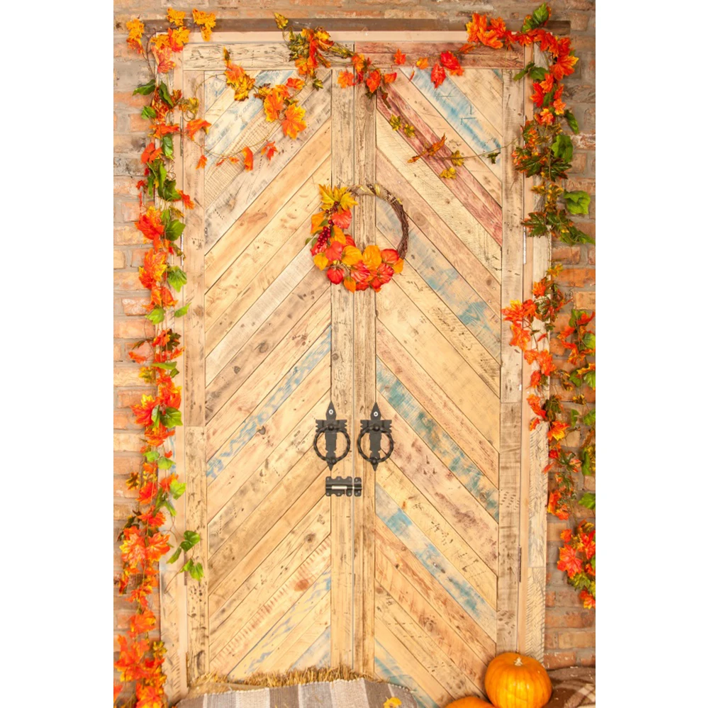 Laeacco Autumn Wood Door Rural Farm House Fallen Maples Wreath Porch Child Baby Scenic Photo Background Photo Backdrop Photocall