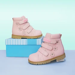 Ortoluckland Kid Shoes Girls Children Orthopedic Boots Fashion Spring Winter Toddler Pink Flower Leather Flatfoot Booties