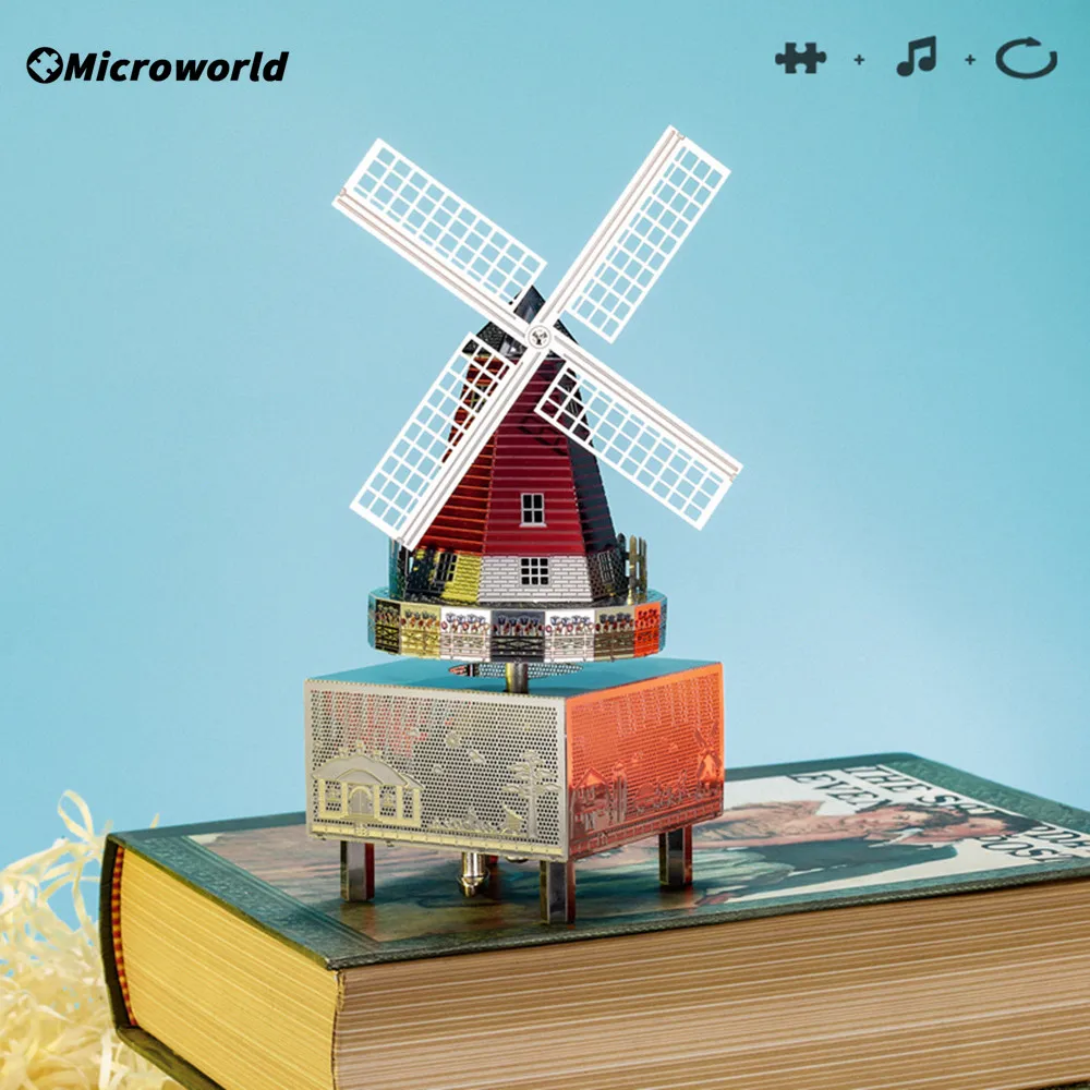 Microworld-Puzzle 3D en métal avec moulin à vent rotatif, jouet pour enfant, boîte à musique, modèle DIY, idée cadeau d'anniversaire ou de Noël