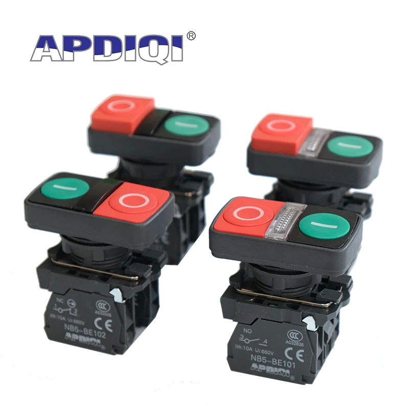 1szt XB5 Podświetlany 1Płaski 1Wysoki Przycisk Podwójny Przycisk Chwilowy Przełącznik Napięcie 220V 24V Głowica Start Stop Reset Z Lampą 22mm
